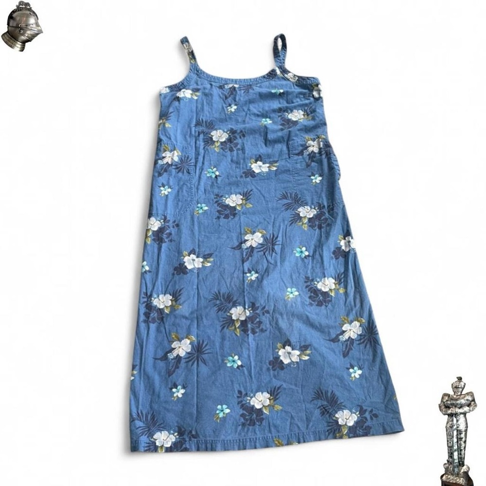 Vintage blue floral tropical linen cotton dress